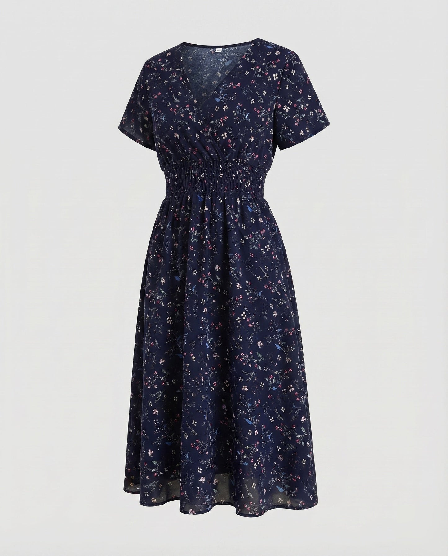 Women Midi Dress V-Neck Elastic Waistband Swinging A-Line - Dark Blue colorway