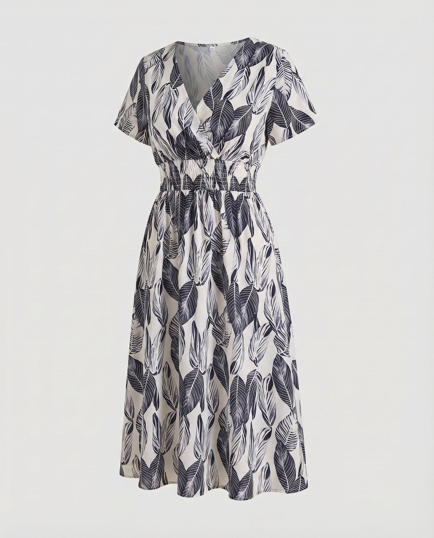 Women Midi Dress V-Neck Elastic Waistband Swinging A-Line - Dark Grey colorway