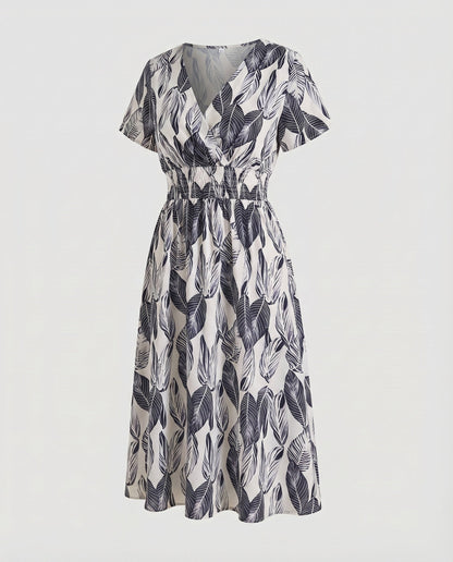 Women Midi Dress V-Neck Elastic Waistband Swinging A-Line - Dark Grey colorway