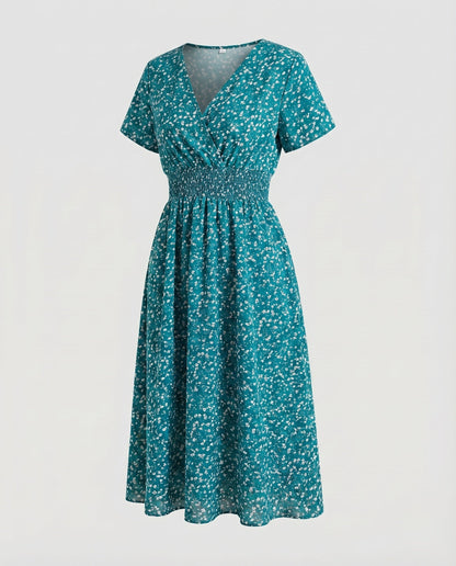 Women Midi Dress V-Neck Elastic Waistband Swinging A-Line - Dark Green colorway