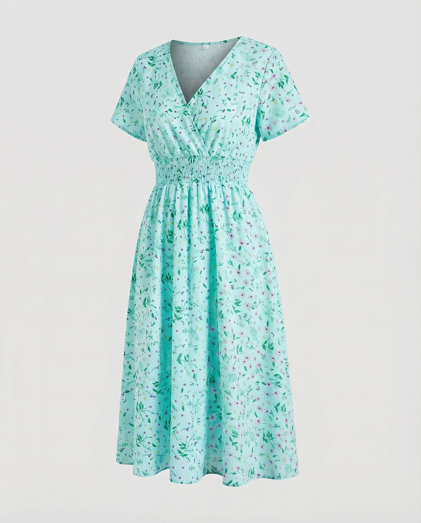 Women Midi Dress V-Neck Elastic Waistband Swinging A-Line - Green colorway