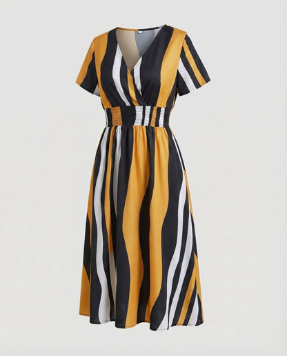 Women Midi Dress V-Neck Elastic Waistband Swinging A-Line - Khaki colorway