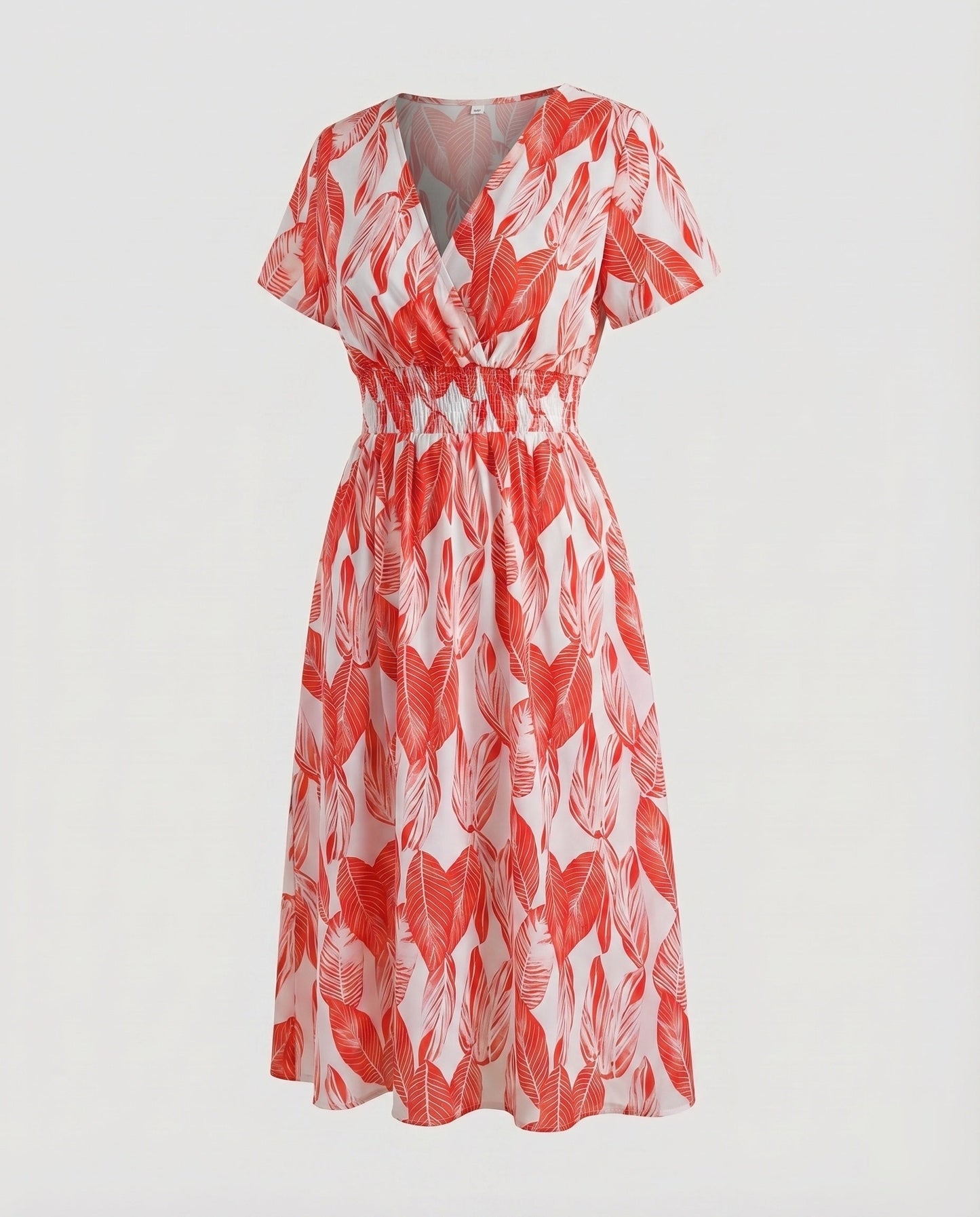 Women Midi Dress V-Neck Elastic Waistband Swinging A-Line - Light Grey colorway
