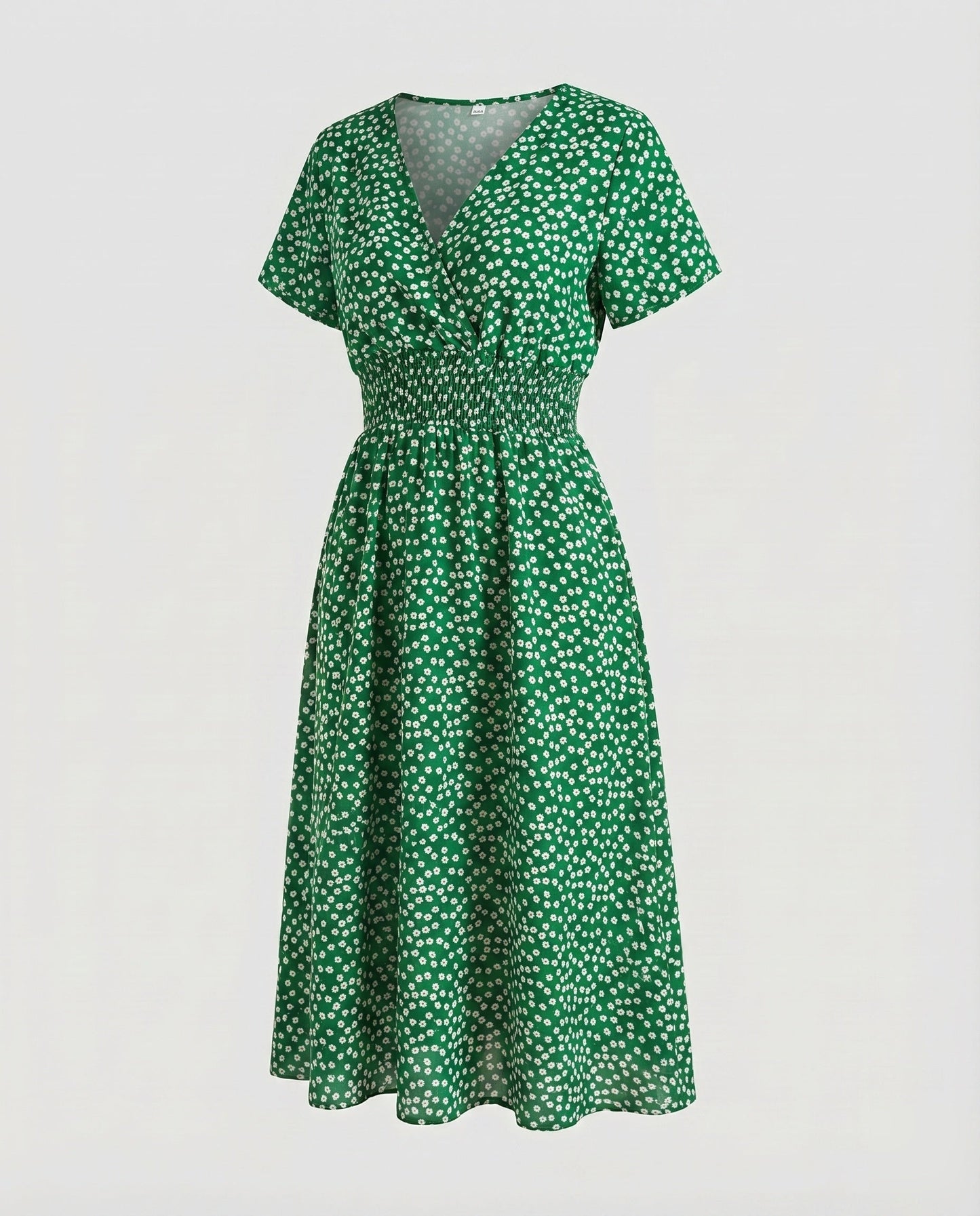 Women Midi Dress V-Neck Elastic Waistband Swinging A-Line - Light Green colorway