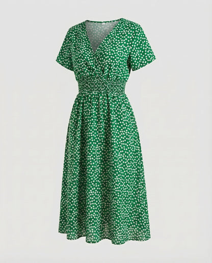 Women Midi Dress V-Neck Elastic Waistband Swinging A-Line - Light Green colorway