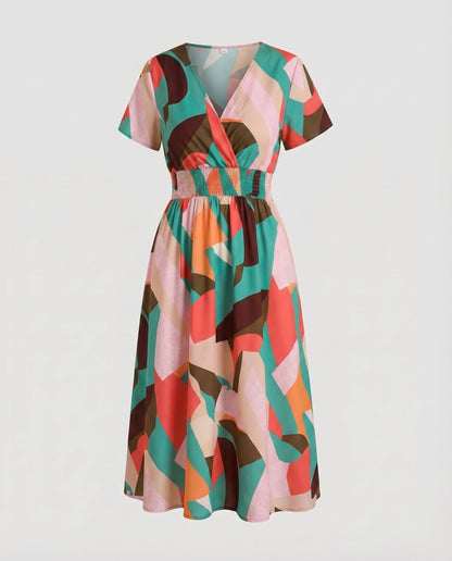 Women Midi Dress V-Neck Elastic Waistband Swinging A-Line - Dusty Rose colorway