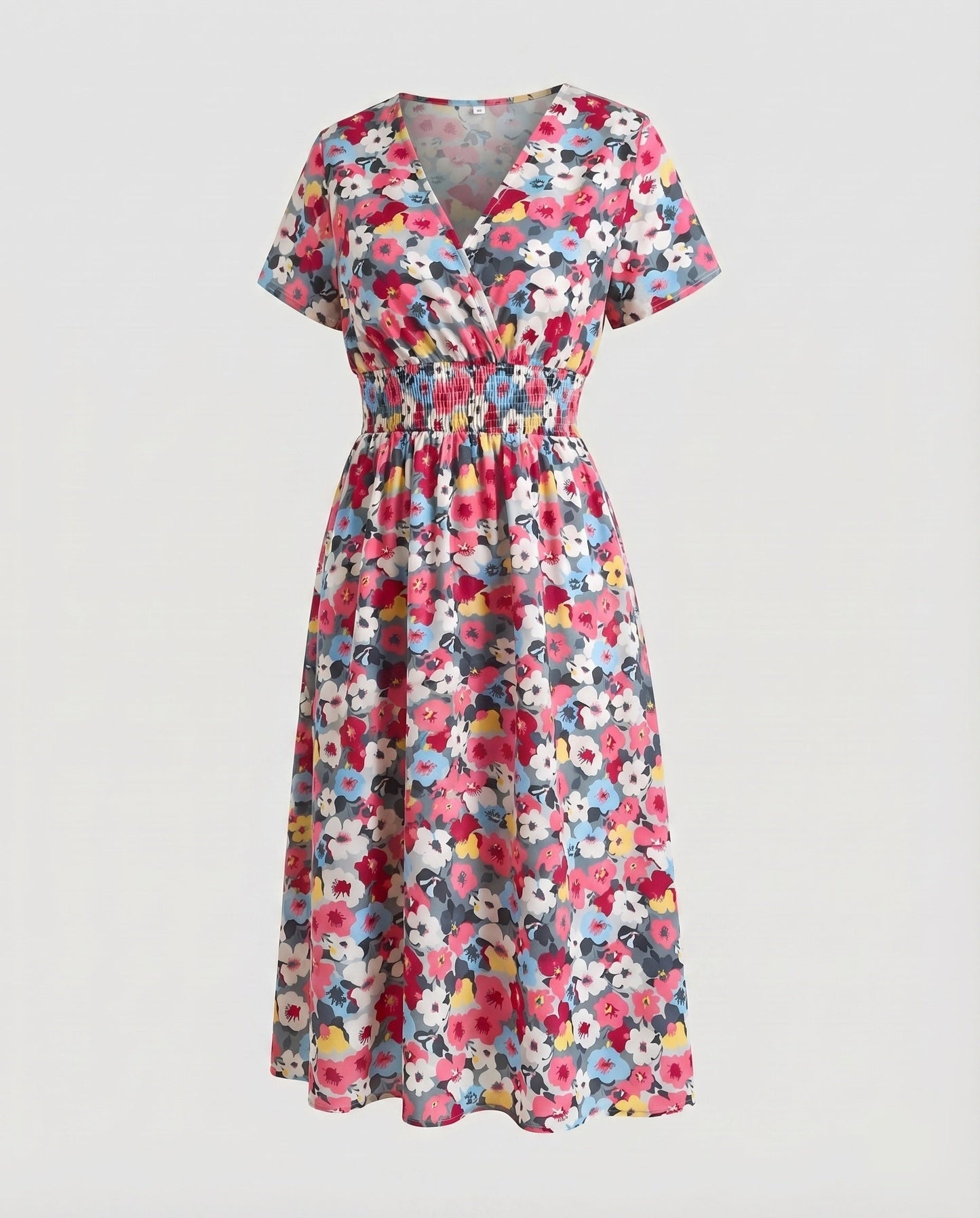 Women Midi Dress V-Neck Elastic Waistband Swinging A-Line - Magenta colorway