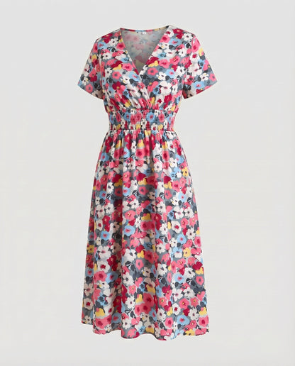 Women Midi Dress V-Neck Elastic Waistband Swinging A-Line - Magenta colorway