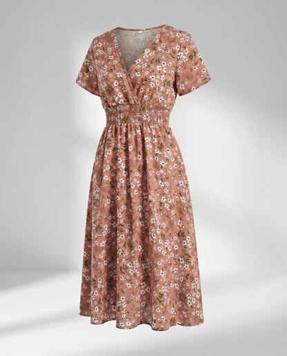 Women Midi Dress V-Neck Elastic Waistband Swinging A-Line - Pink colorway