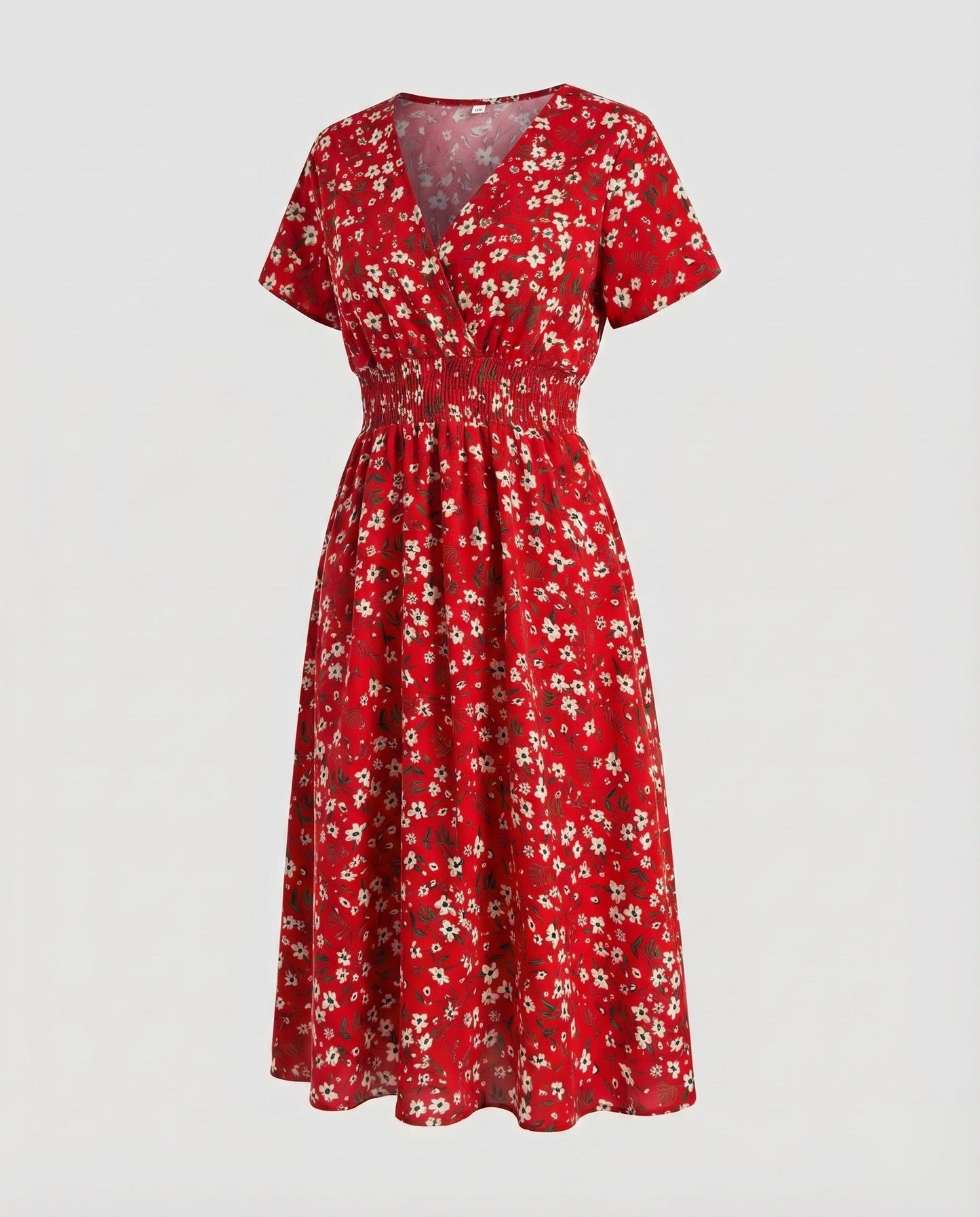 Women Midi Dress V-Neck Elastic Waistband Swinging A-Line - Red colorway