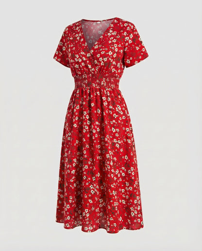 Women Midi Dress V-Neck Elastic Waistband Swinging A-Line - Red colorway