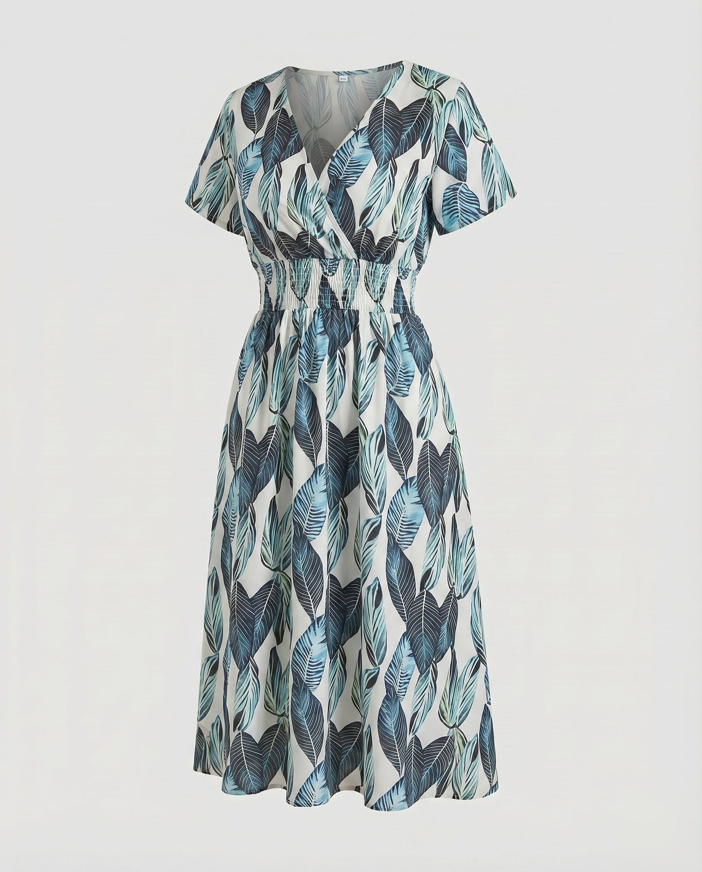 Women Midi Dress V-Neck Elastic Waistband Swinging A-Line - Silver colorway