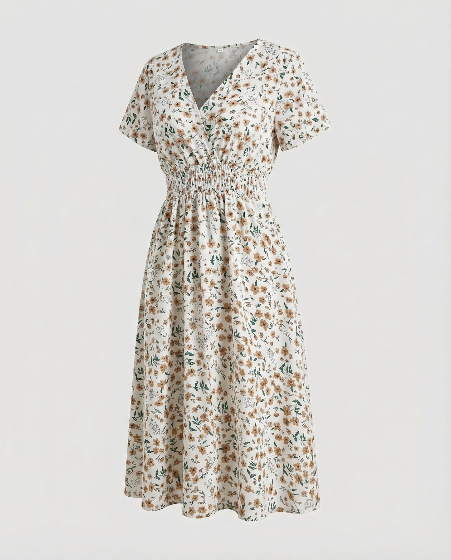 Women Midi Dress V-Neck Elastic Waistband Swinging A-Line - White colorway