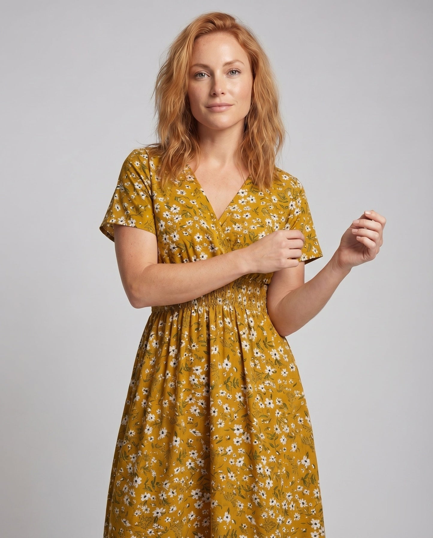 Women Midi Dress V-Neck Elastic Waistband Swinging A-Line - upper body detail