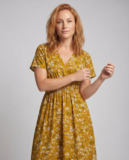 Women Midi Dress V-Neck Elastic Waistband Swinging A-Line - upper body detail
