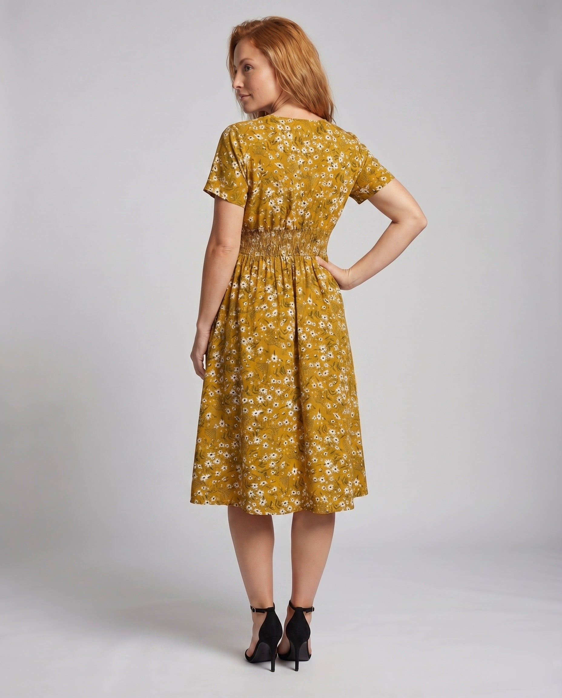 Women Midi Dress V-Neck Elastic Waistband Swinging A-Line - back view