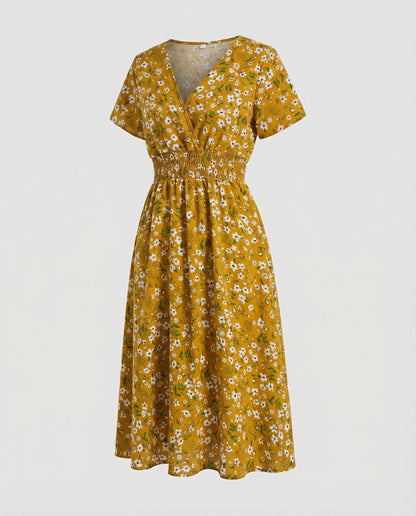 Women Midi Dress V-Neck Elastic Waistband Swinging A-Line - Yellow colorway