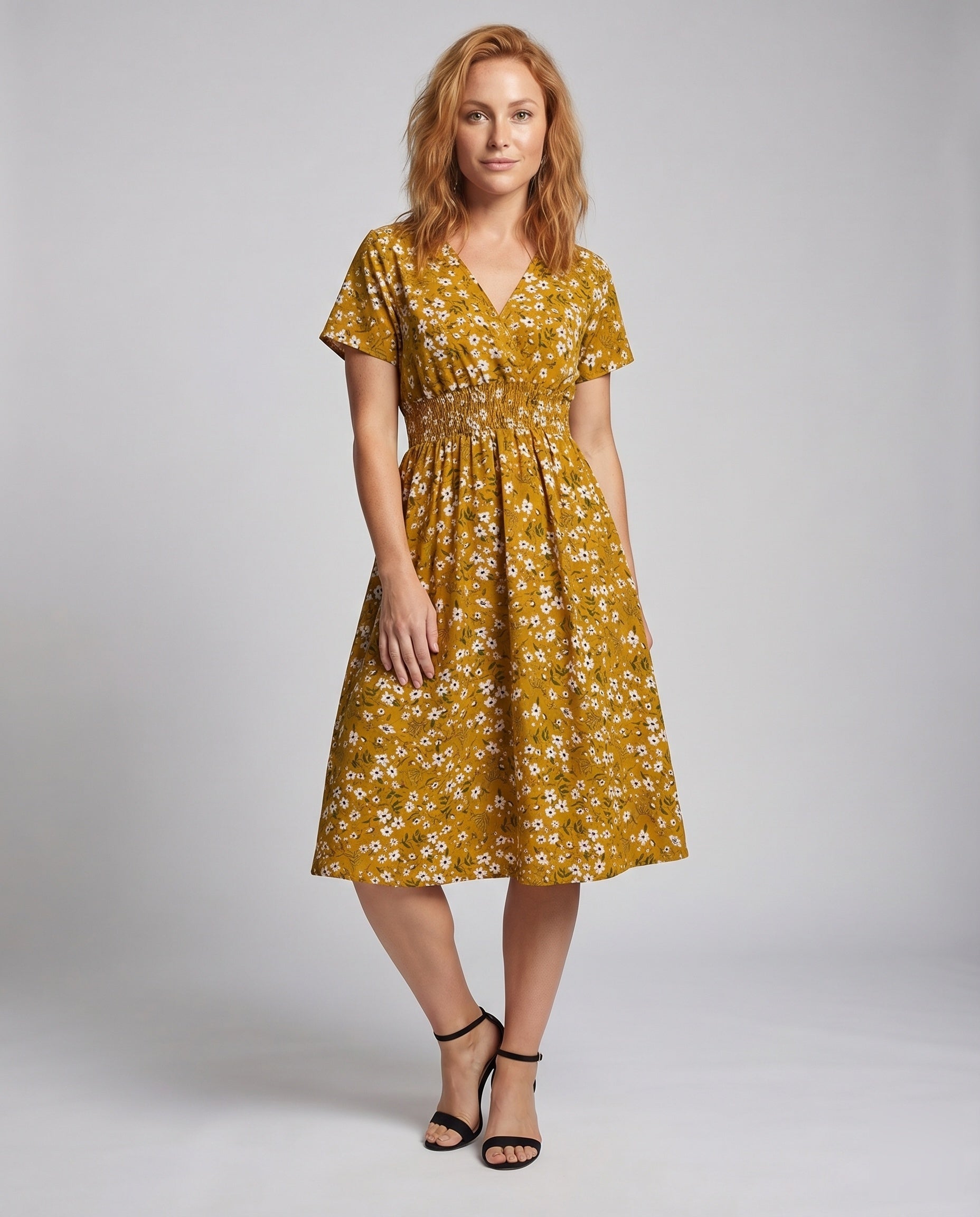 Women Midi Dress V-Neck Elastic Waistband Swinging A-Line - front view