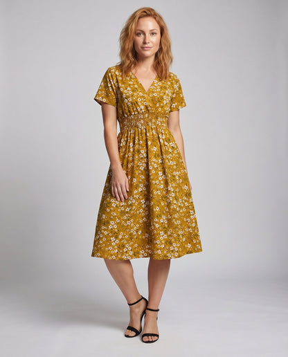 Women Midi Dress V-Neck Elastic Waistband Swinging A-Line - front view