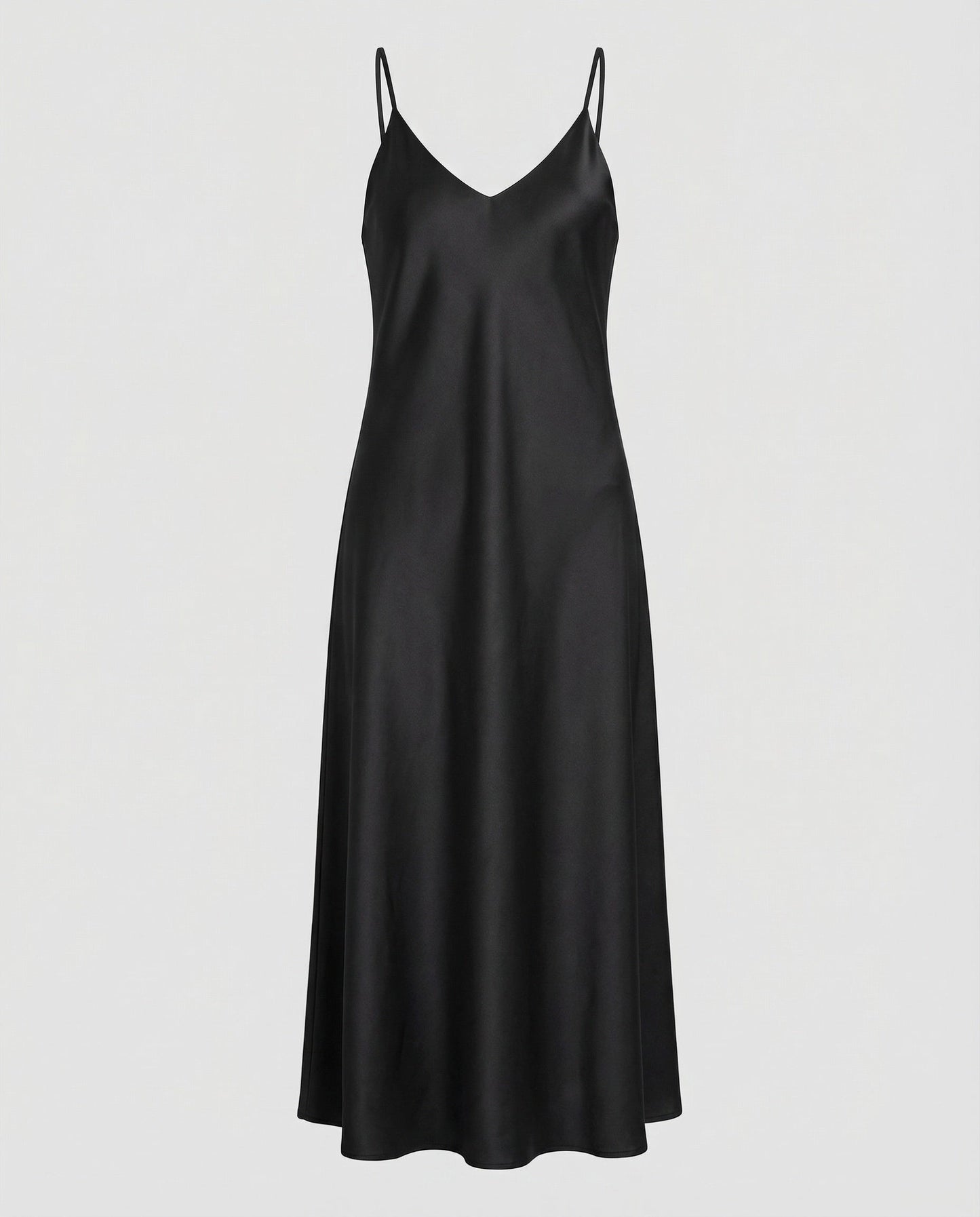 Women Satin Maxi Dress Fluttering V-Neck - Black colorway