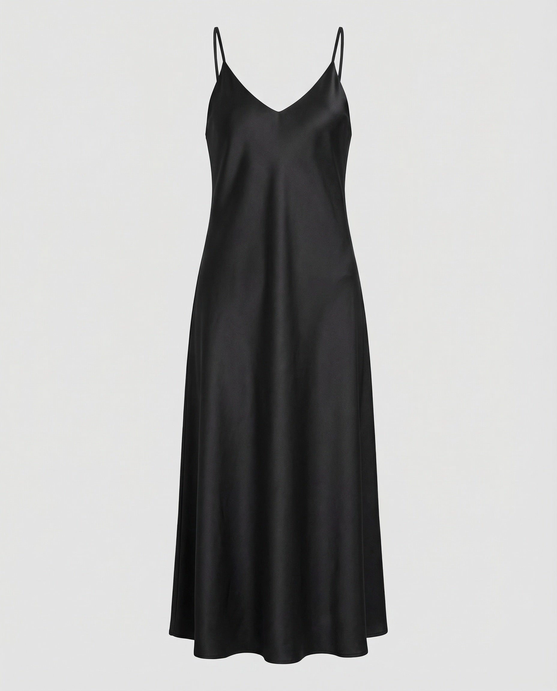 Women Satin Maxi Dress Fluttering V-Neck - Black colorway
