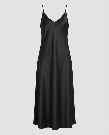 Women Satin Maxi Dress Fluttering V-Neck - Black colorway