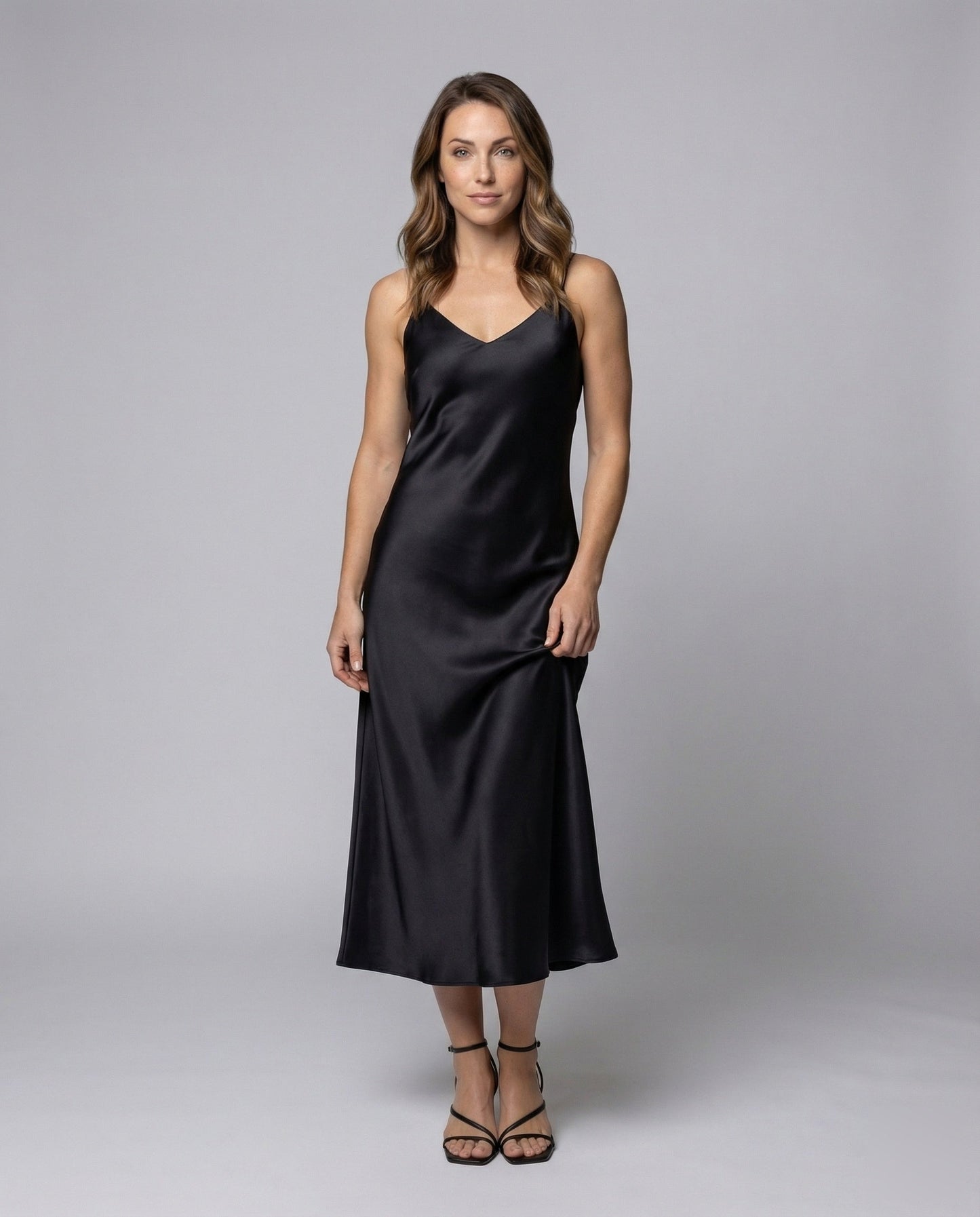 Women Satin Maxi Dress Fluttering V-Neck - front view