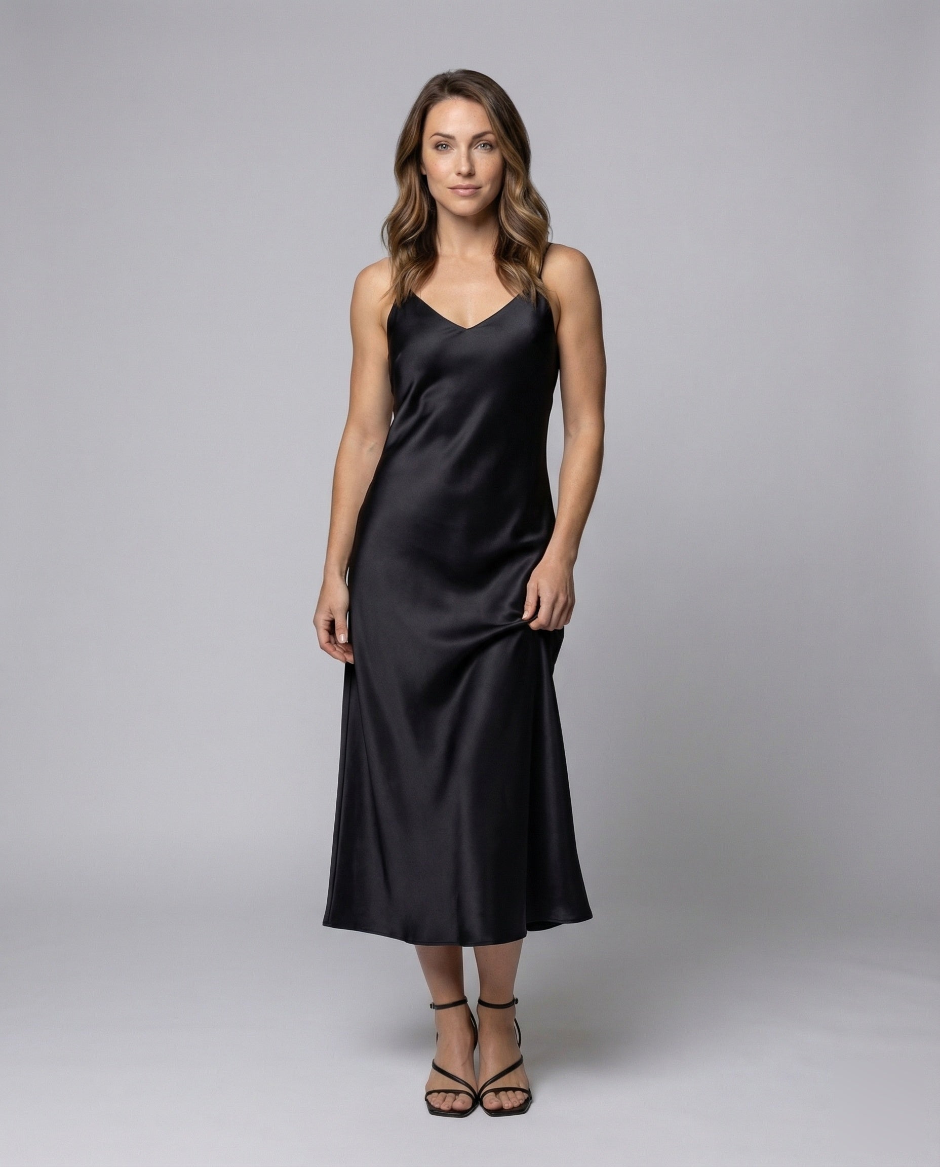 Women Satin Maxi Dress Fluttering V-Neck - front view