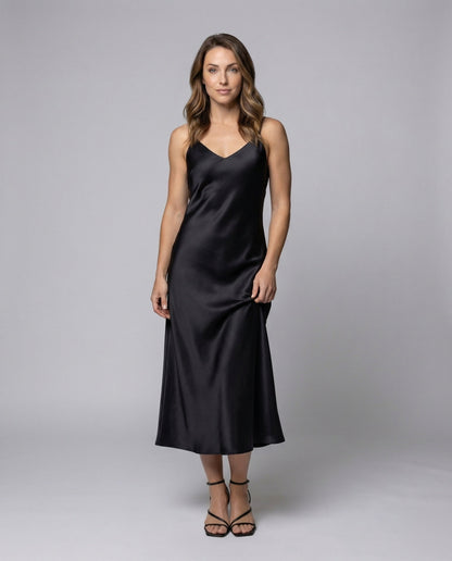 Women Satin Maxi Dress Fluttering V-Neck - front view