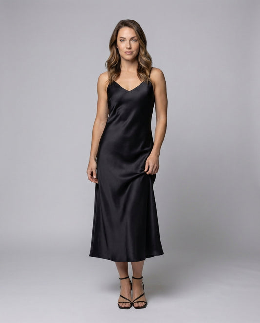 Women Satin Maxi Dress Fluttering V-Neck - front view