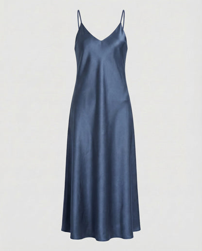 Women Satin Maxi Dress Fluttering V-Neck - Blue colorway