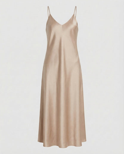 Women Satin Maxi Dress Fluttering V-Neck - Champagne colorway