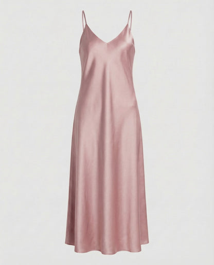 Women Satin Maxi Dress Fluttering V-Neck - Pink colorway