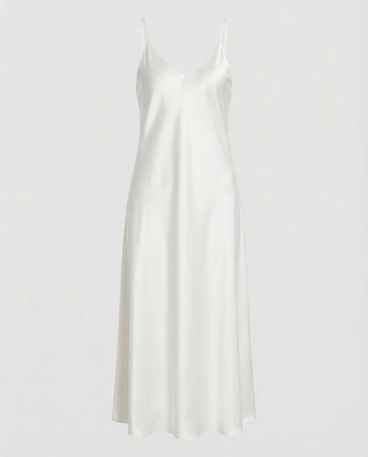 Women Satin Maxi Dress Fluttering V-Neck - White colorway