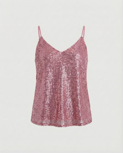 Women Sequined V-Neck Camisole - Pink colorway