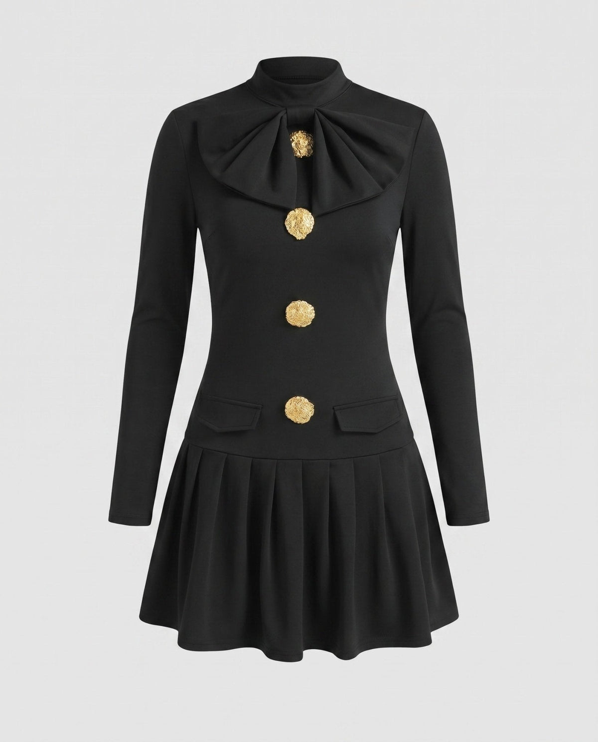 Women Short Sleeve Dress with Elegant Bow Tie and Golden Button Details - Chichicherry