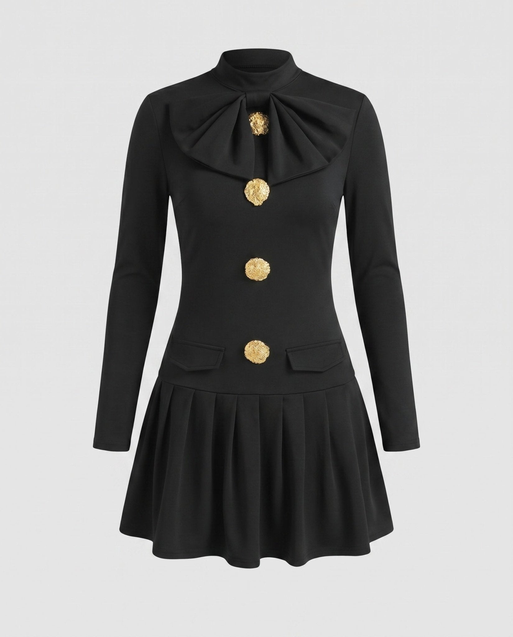Women Short Sleeve Dress with Elegant Bow Tie and Golden Button Details - Chichicherry