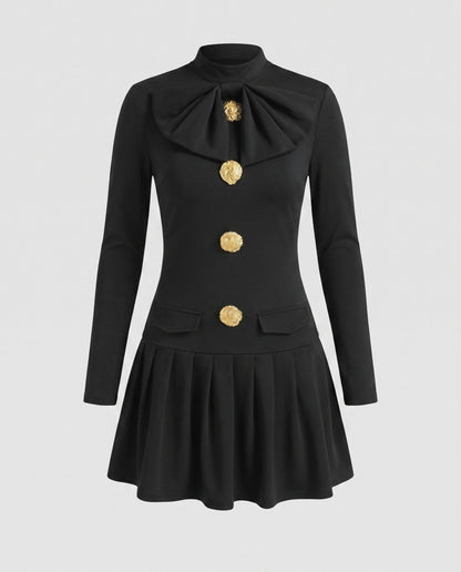 Women Short Sleeve Dress with Elegant Bow Tie and Golden Button Details - Chichicherry