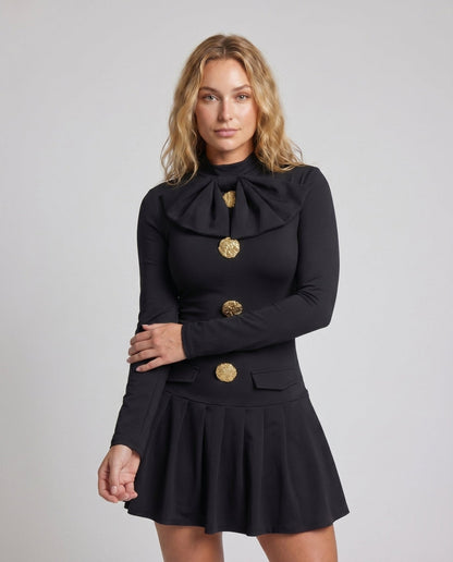 Women Short Sleeve Dress with Elegant Bow Tie and Golden Button Details - Chichicherry
