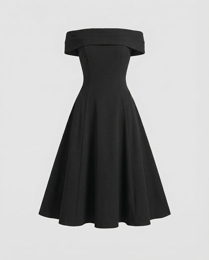 Women Tailored A-line Skirt Blended Fabric Midi Dress - Black colorway