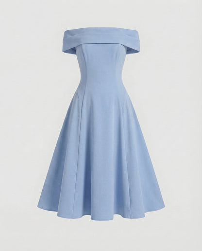 Women Tailored A-line Skirt Blended Fabric Midi Dress - Blue colorway