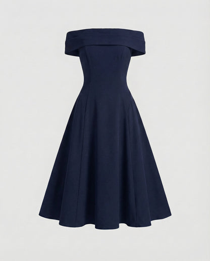 Women Tailored A-line Skirt Blended Fabric Midi Dress - Dark Blue colorway