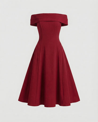 Women Tailored A-line Skirt Blended Fabric Midi Dress - Red colorway