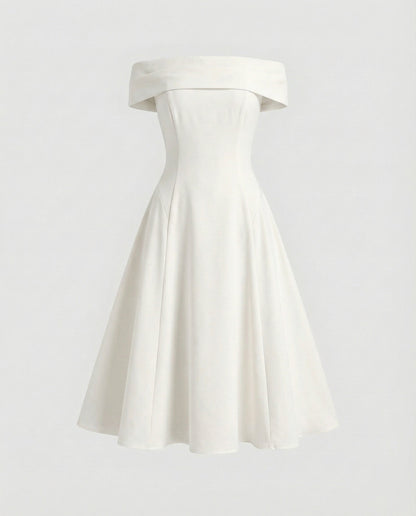 Women Tailored A-line Skirt Blended Fabric Midi Dress - White colorway