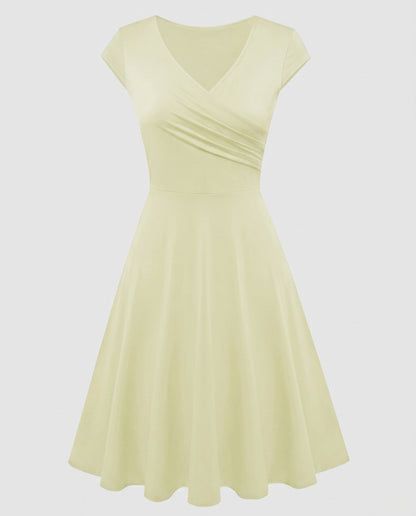 Women's A-line Dress with Wrap Design and Pleats - Beige colorway