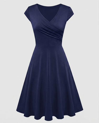 Women's A-line Dress with Wrap Design and Pleats - Dark Blue colorway