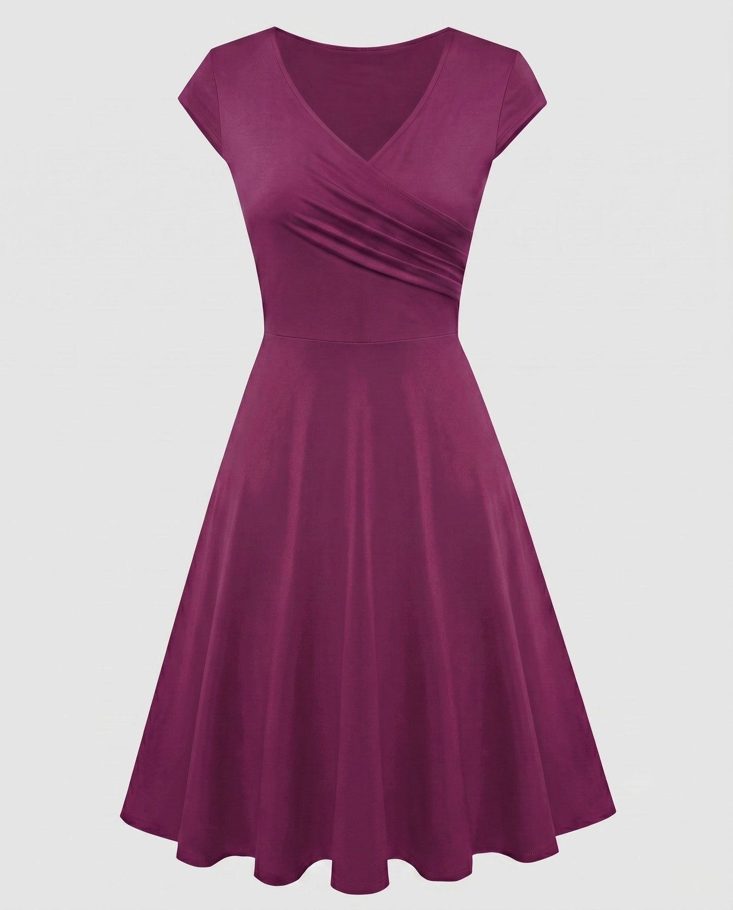 Women's A-line Dress with Wrap Design and Pleats - Dark Red colorway
