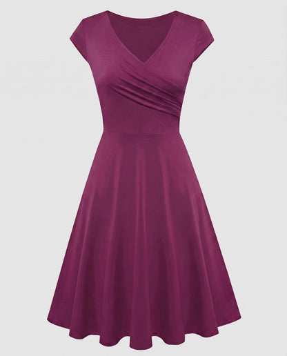 Women's A-line Dress with Wrap Design and Pleats - Dark Red colorway
