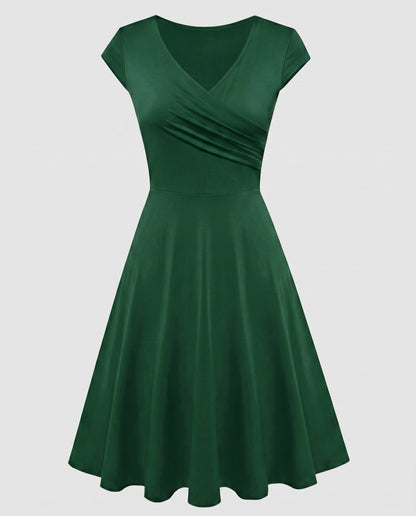Women's A-line Dress with Wrap Design and Pleats - Fir Green colorway