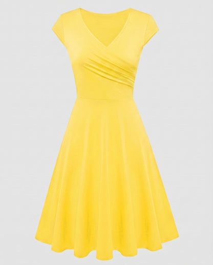 Women's A-line Dress with Wrap Design and Pleats - Gold colorway
